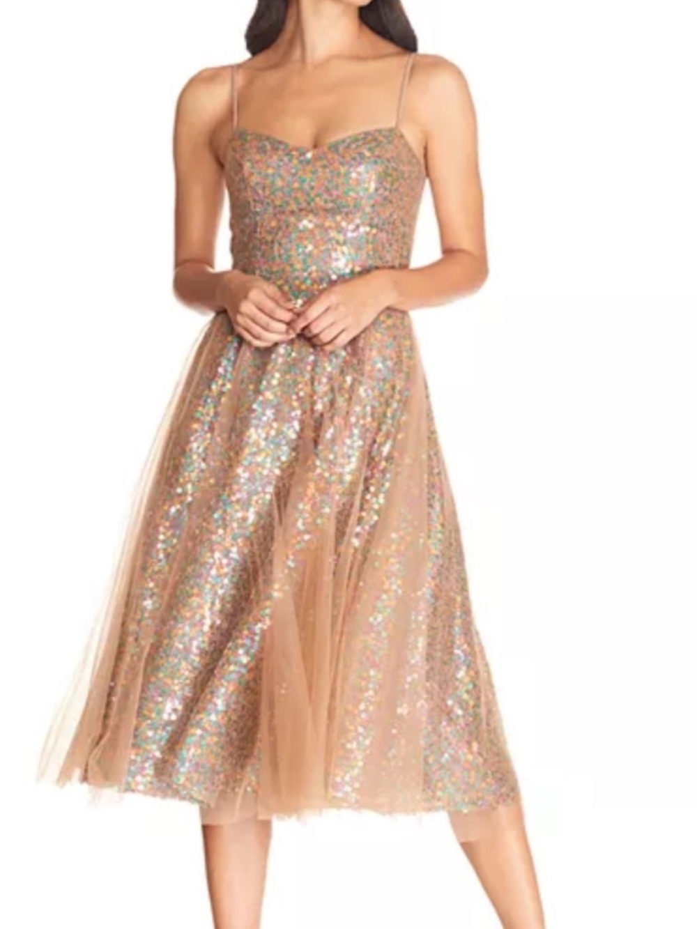 Dress the population Sequined Tulle Party Dress in Light Brown